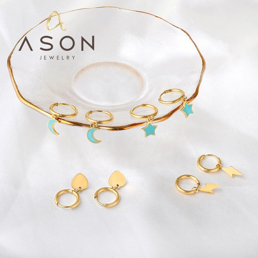 Ason Gold Plated Clip on Lightning Blue Star and Moon Earrings Women Hyposensitivity Wholesale Stainless Steel Hoop Earrings