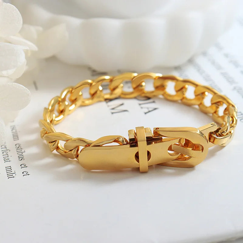 Trend Pvd Gold Plated Stainless Steel Thick Chain Press Buckle Watch Strap Buckle Bracelets for Women