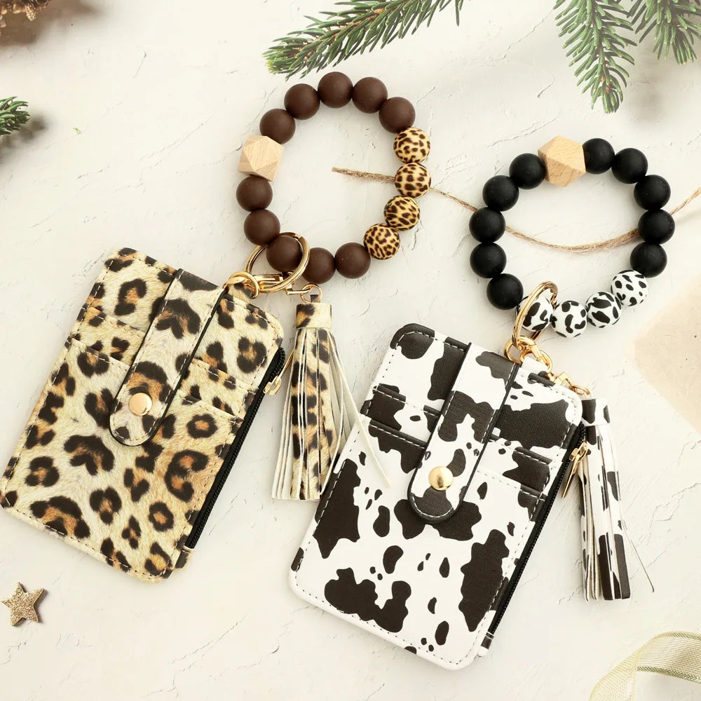 Leopard Print Card Bag PU Leather Wallet Women's Keychain Wood Silicone Bead Bracelet Zip Bag Wallet Keychain
