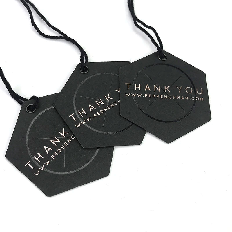 Custom Waterproof Gold Foiled Embossed Recycled Plastic Hang Tags with Polyester String Die Cut Shape for Shoes & Clothing