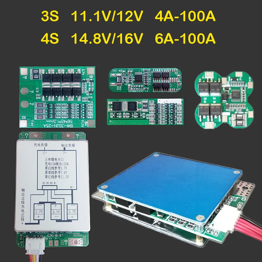 3S 11.1V 12V 4S 14.8V 16V 6A 24A 30A 50A 100A High Current Li-ion Lifepo4 Lipo Lithium Battery Pack Protection Board BMS Module