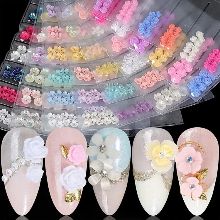 GREENKEM 6 Grids/Pack Manicure DIY Tips Various Petal Resin Glazed Flowers Pearl Rhinestone 3D Acrylic Rose Nail Art