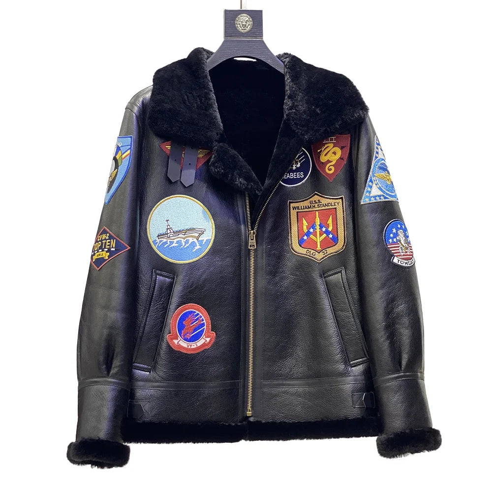 Winter Custom Fur Lined Bomber Jacket Mens Real Leather Jacket With Shearing Sheepskin Natural Fur Collar Real Fur Moto Jacket