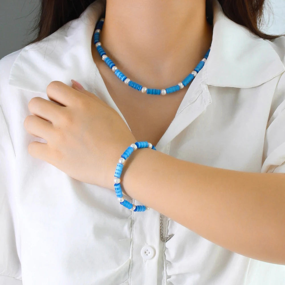 Natural Freshwater Pearl Beads Chain Jewelry Set Blue Bamboo Joint Stylish Handmade Stainless Steel Accessories