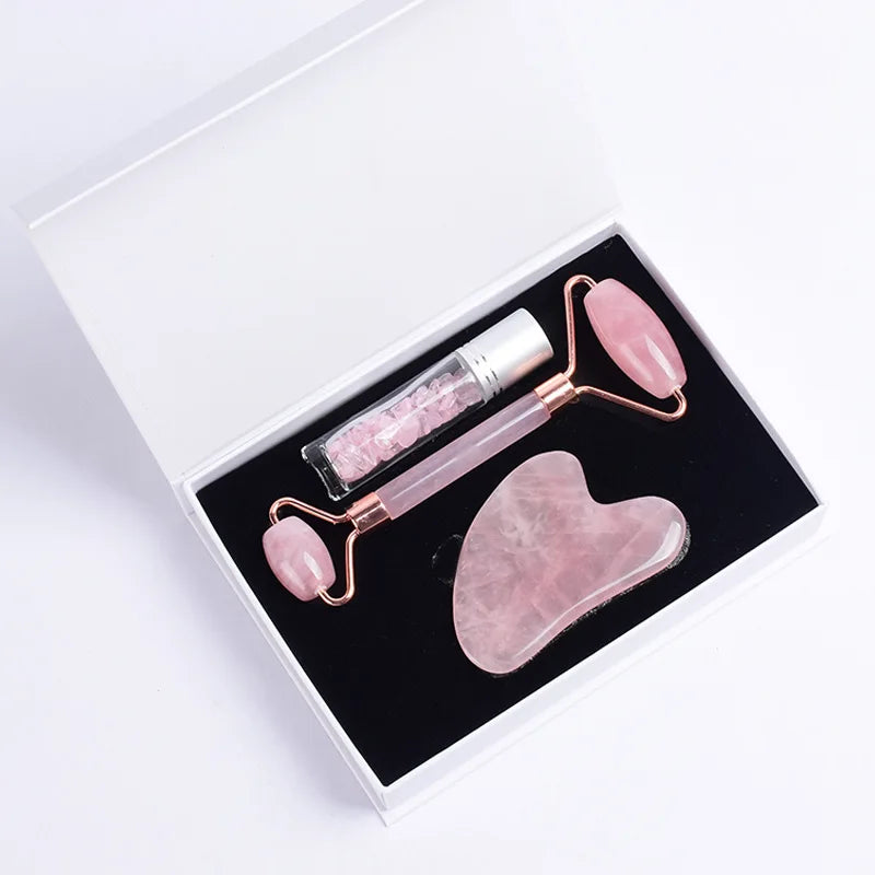 DIY Wholesale Rose Quartz Jade Roller Kit Scrape Gua Sha Tool Set for Body and Skin Care Facial Lifting Tool