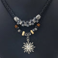 Popular Ethnic Jewelry Hand Woven Leather Ancient Silver Alloy Sun Pendant Beaded Necklaces for Men