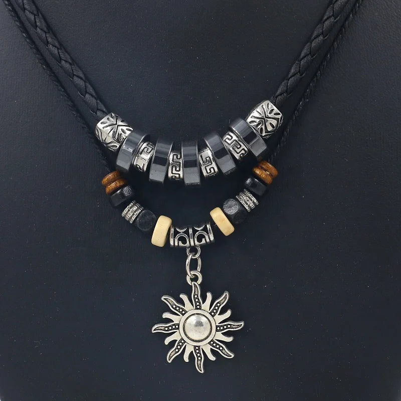 Popular Ethnic Jewelry Hand Woven Leather Ancient Silver Alloy Sun Pendant Beaded Necklaces for Men