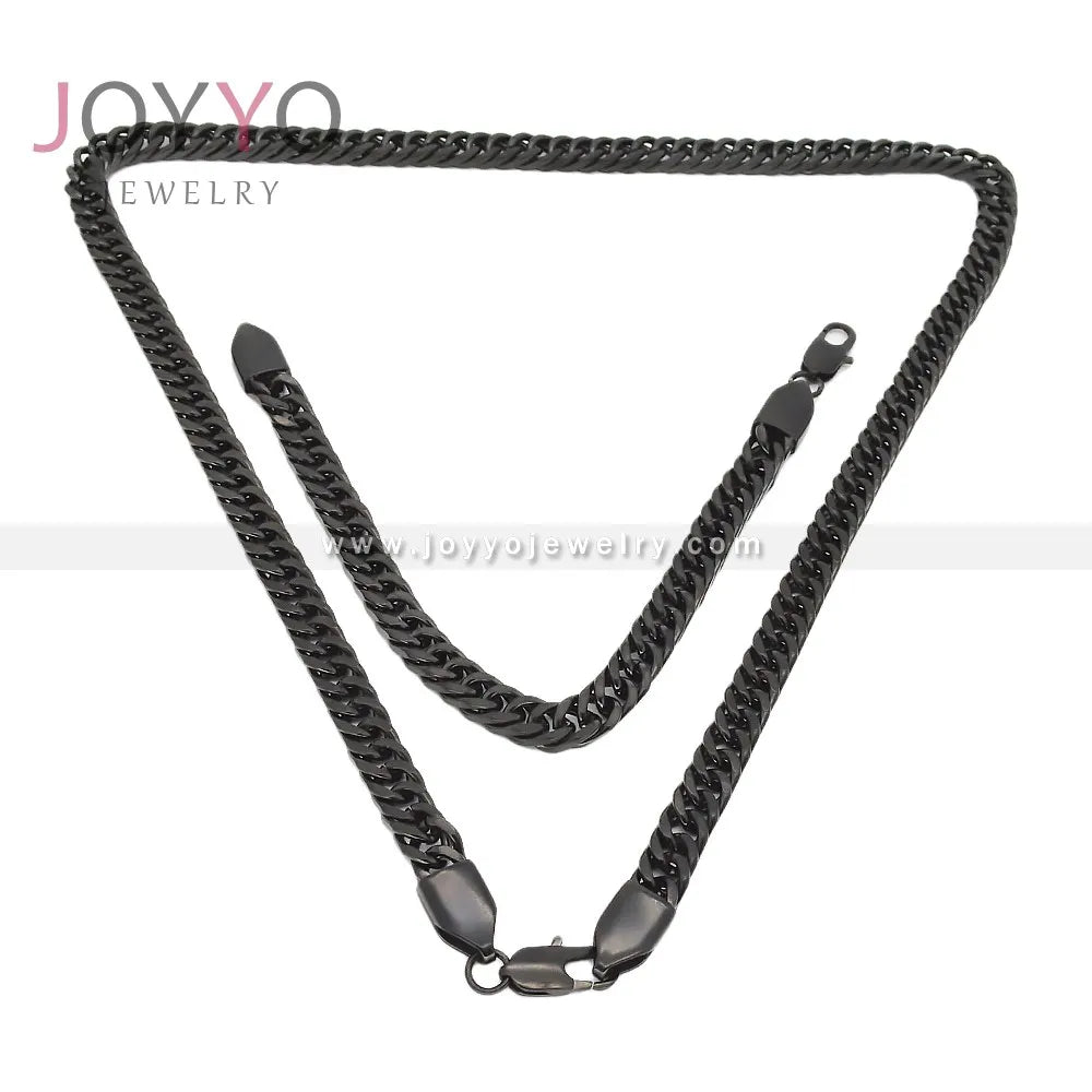 Men Hip Hop Cuban Chain Stainless Steel Male Mossanite Jewelry Set Black Plated Chain Necklace Bracelet Set