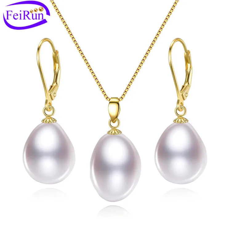 FEIRUN 12mm Nugget 3A Natural Pearl Wedding Necklace Earrings Jewelry Set