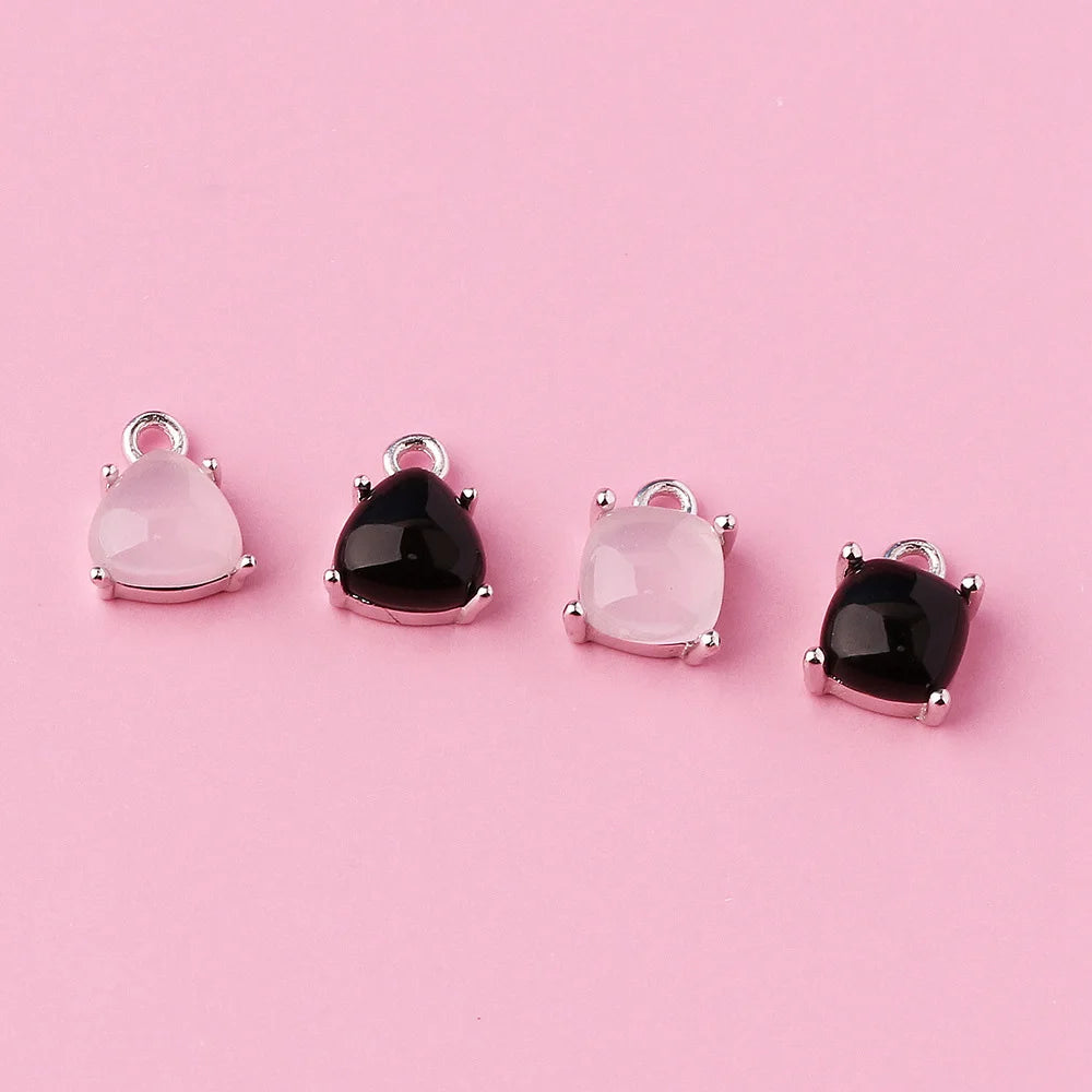 Tiny 925 Sterling Silver Bezel Pink Black Zircon Square Drop Charm for DIY Jewelry Making Supplies