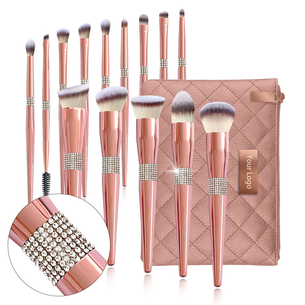 High Quality Diamond Metal Soft Fiber Hair Eco Friendly Vegan Rose Gold Makeup Brush Set Custom