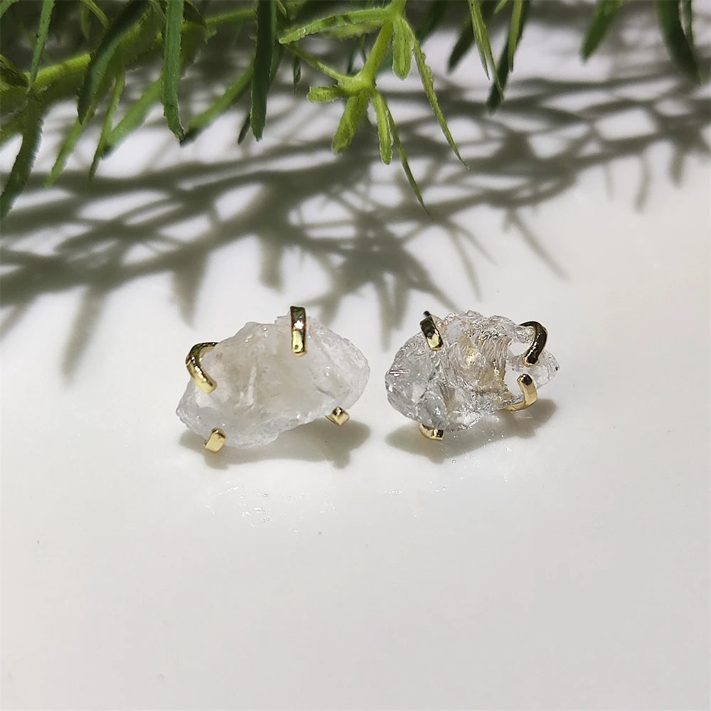 Factory Irregular Natural Amethyst Black White Rose Quartz Studs Raw Stone Citrine Earrings Gold Plated Jewelry for Women Trendy