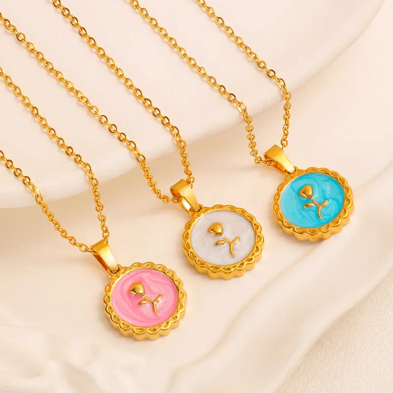 G3815 Wholesale Stainless Steel Rose Flower Dripping Oil Pendant Necklace Enamel Flower Oval Pendent Necklaces Summer Jewelry