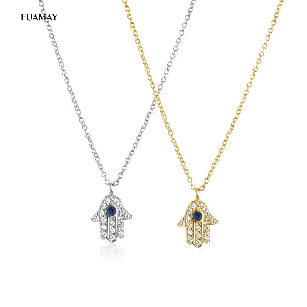 FUAMAY Sterling Silver Hamsa Hand Necklace Gold Plated Blue CZ Zirconia Hamsa Necklaces Jewellery