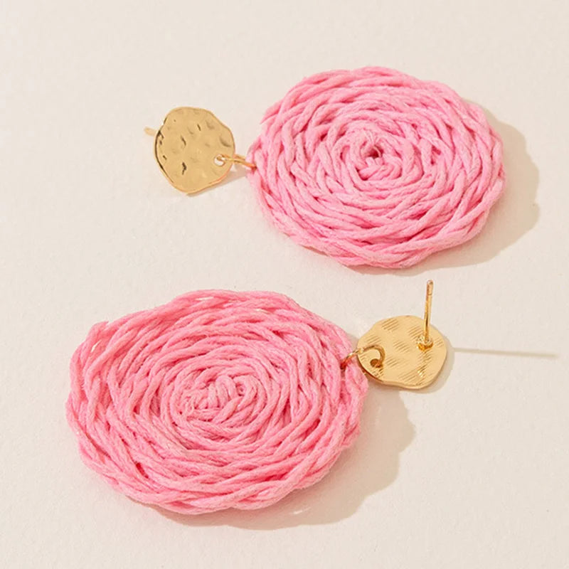 Handmade Braided Geometric Rattan Earring Colorful Grass Rattan Hand-woven Round Earrings Jewelry
