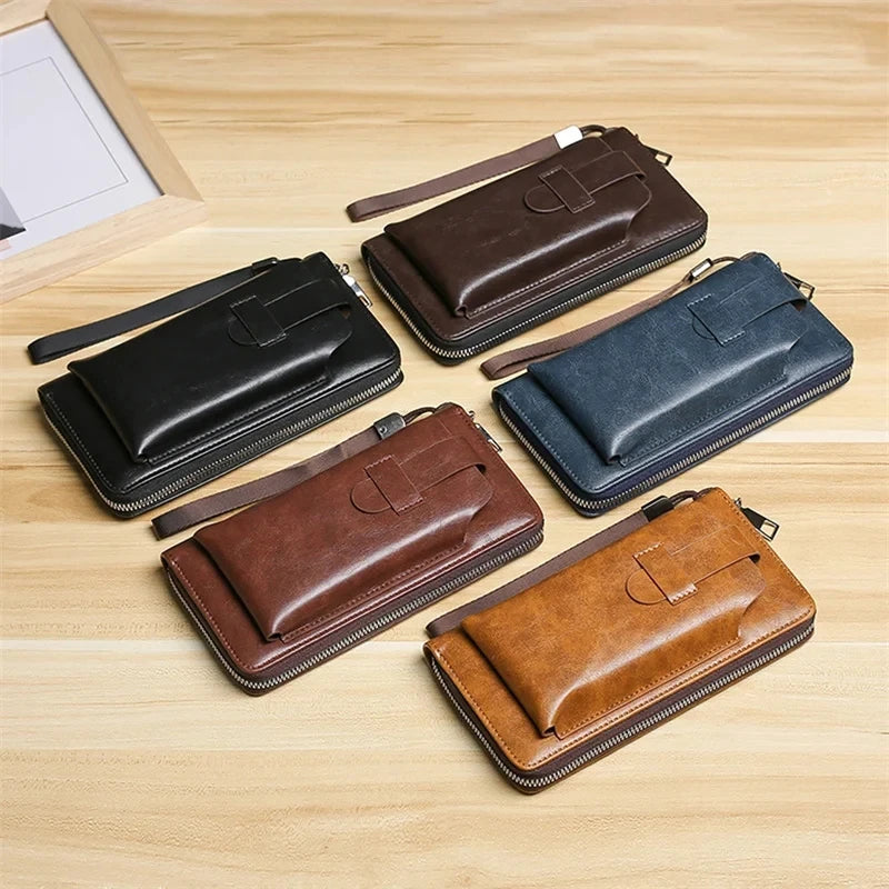 Fashion New Design Multi-function High-capacity Zipper Phone Leather Wallet Retro Handbag Wrist Strap Business Mobile Phone Bag