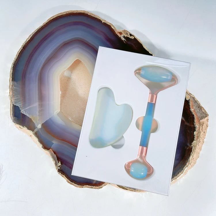 Hongzhuo Top Wholesale Facial Jade Rose Gold  Wire Opalite Roller Heart Gua Sha Set Kit