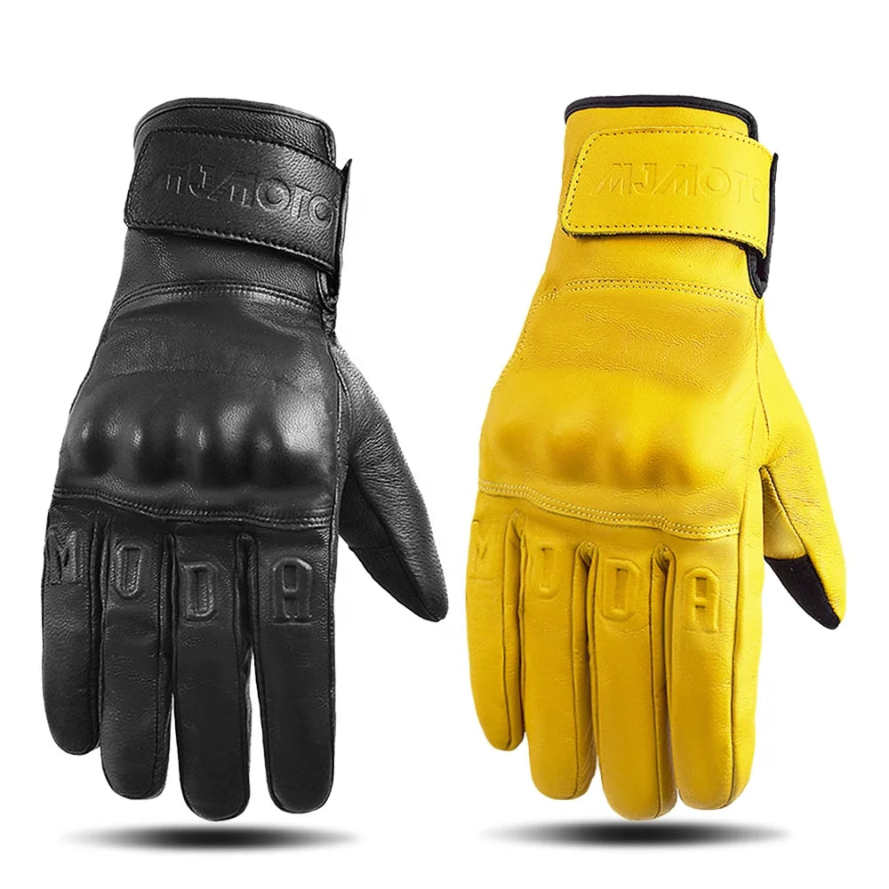 Yellow Leather Retro Motorcycle Gloves Windproof Cycling Skiing Warm Heating Gym UV Protection Touchscreen Compatible Men Women
