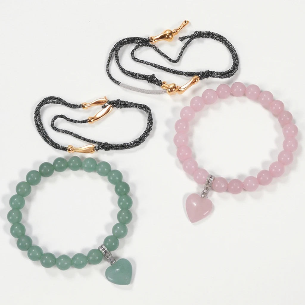 Women's 8mm Green Crystal Beaded Elastic Rope Bracelet with Turquoise Peach Heart Pendant Fashionable Semi-Precious Jewelry
