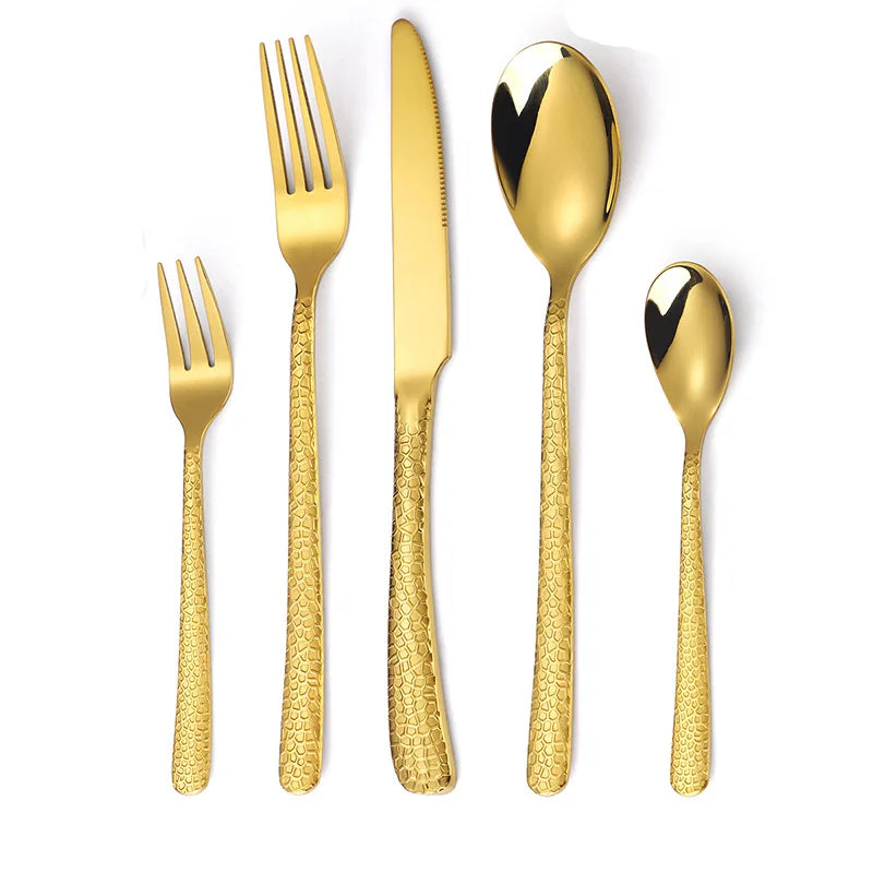 New Design Hammered Handle Spoon Knife Fork Utensil Set Wedding Flatware Golden Cutlery Set