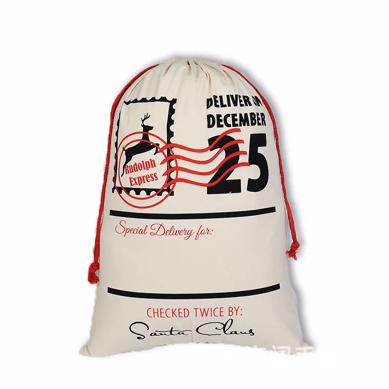 Good Quality Custom Logo Printed Christmas Natural Color Canvas Cotton Large Canvas Drawstring Christmas Bags