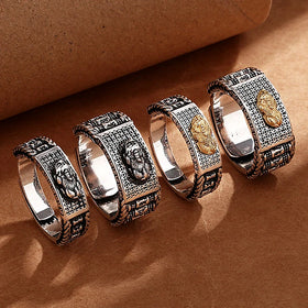 Couple Opening Ring Accessories Six-character Mantra Prayer Tube Ring Vintage Thai Silver Pixiu Ring Gifts for Women Men