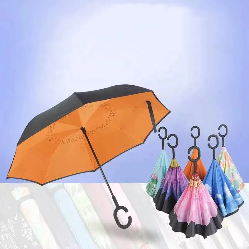 Custom Double Layers C Shape Handle Reverse Rain Umbrella  Invert Upside Down Umbrella With Printing Logo for Car Umbrellas