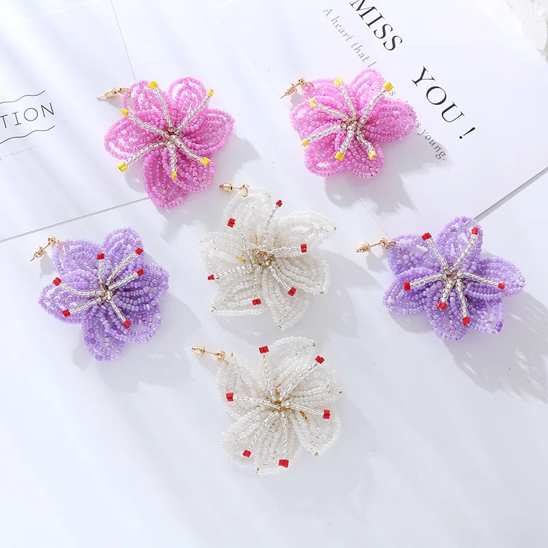 Wholesale Women Fashion Jewelry White Purple Ink Beaded Flower Stud Earrings