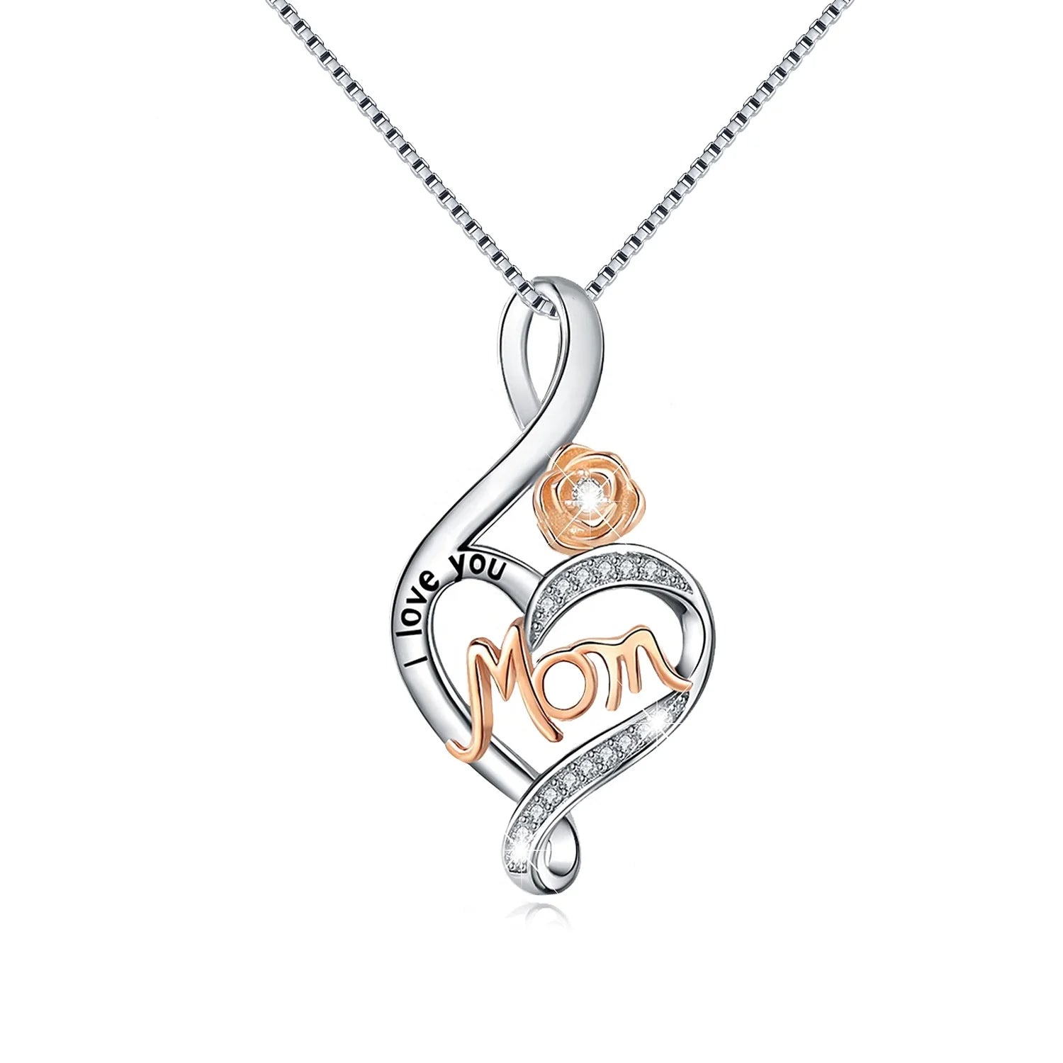 GP130 I Love You Forever Mom 925 Sterling Silver Rose Flower Heart Mama Necklace Pendant for Mother's Day Gifts