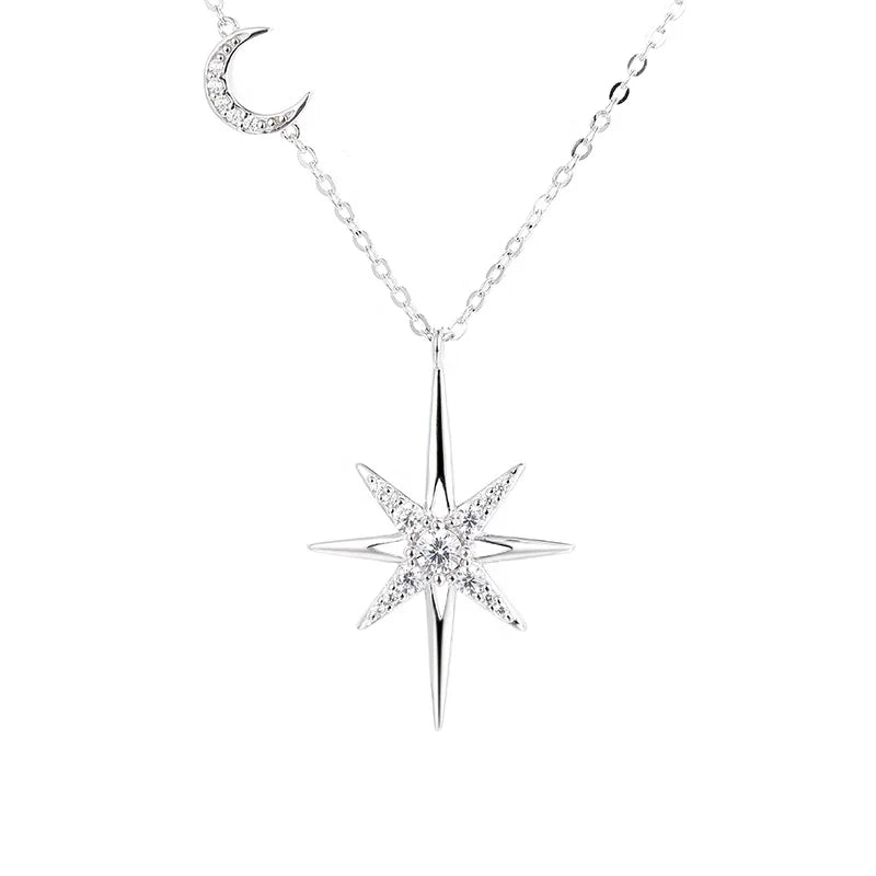 Luxury Jewelry 925 Sterling Silver Moissanite Diamond Starburst North Star Pendant Necklace for Women Rhodium Plated