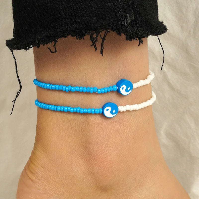 2pcs Pack Glass Seed Beads Foot Chain Ankle Bracelet Anklet Jewelry Bohemian Styles with Yinyang Bead Charm for Women