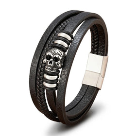 Hip Hop Braided Genuine Leather Cuff Bracelet Stainless Steel Magnetic Gothic Skull Head Bracelet Jewellery Gift for Men OT-306