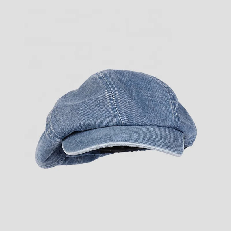 WD-A954  Vintage 2023 Denim Beret Octagonal Hat Custom Leather PatchFemale Elegant Blank Berets