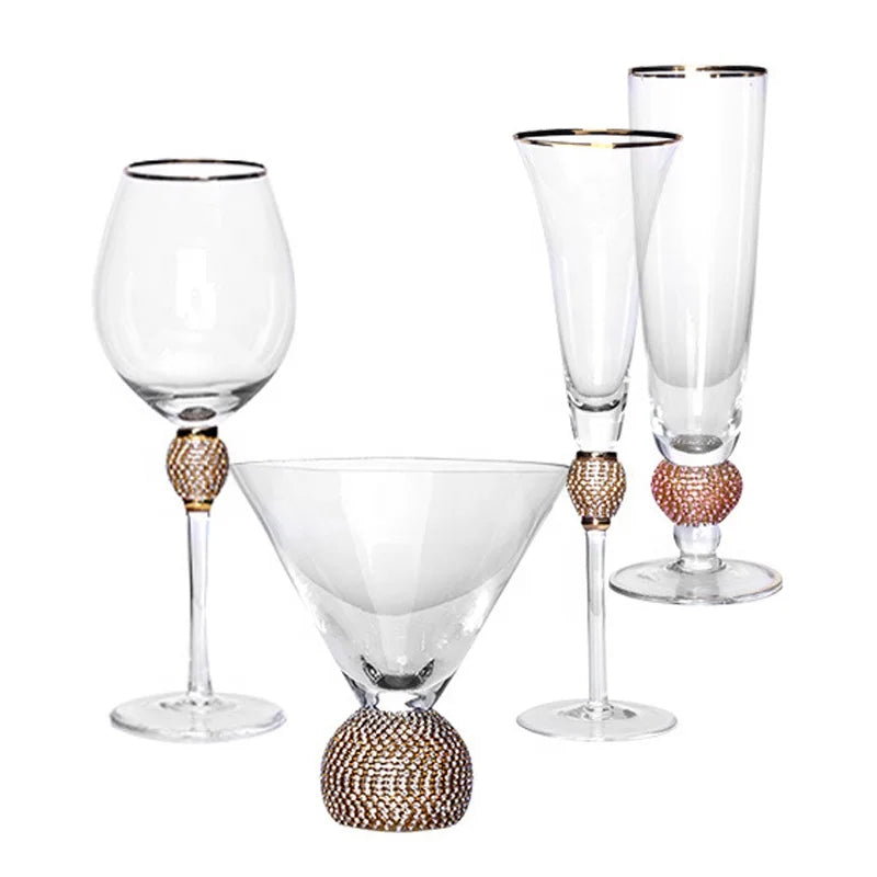 Customized Luxurious Handmade Red Wine Glass Goblet Cup with Diamonds for Wedding Parties and Bars