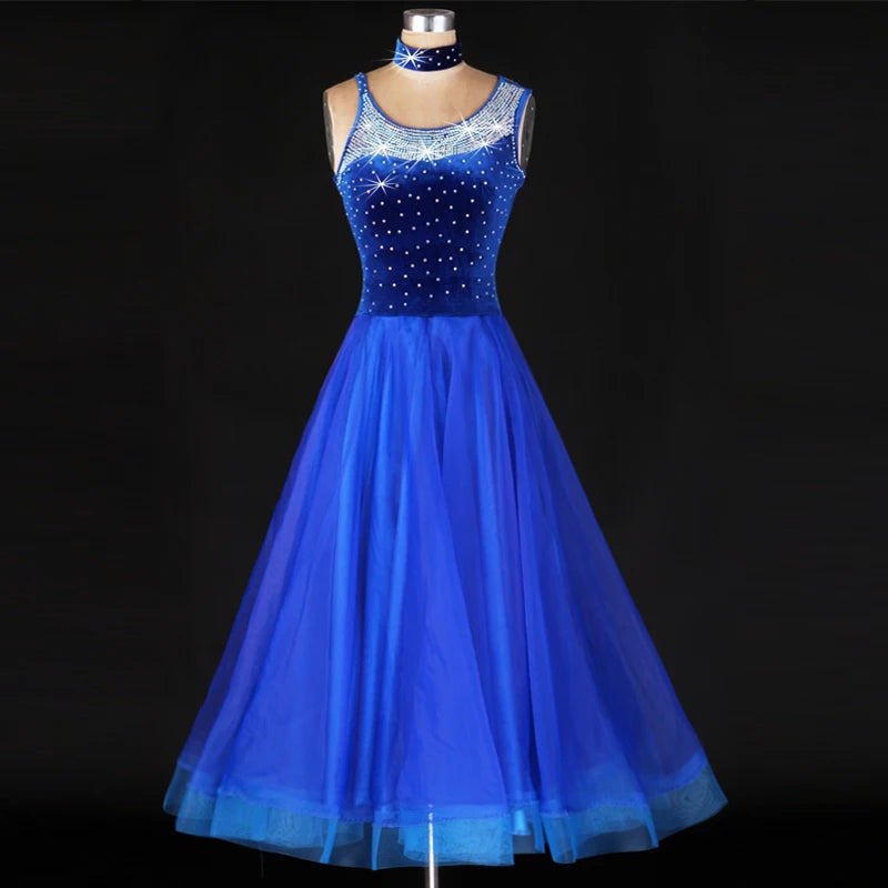 Hot Sale Elegent Women Girls Performance Competition Wear Velvet Blue Red Long Ballroom Dance Dress