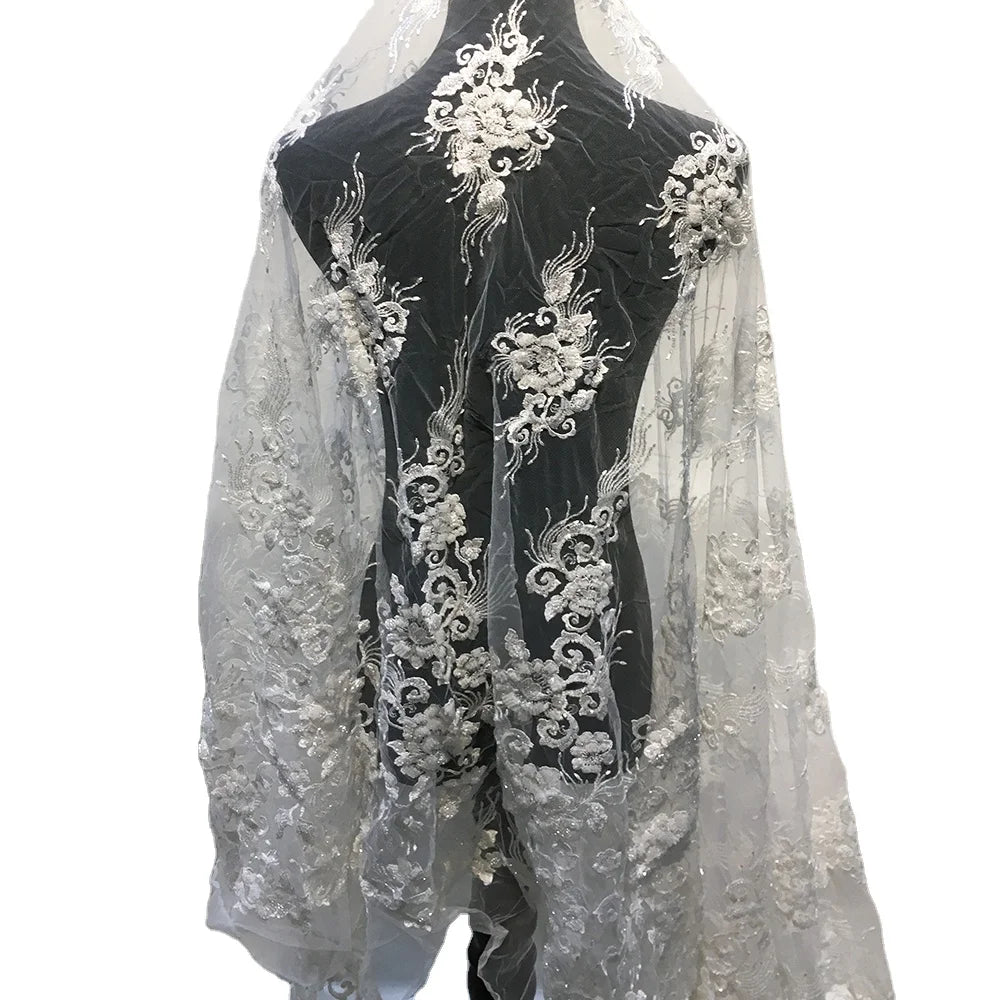 Trending Wedding Tulle Luxury Lace White Dress Heavy Beaded 3D Flower Lace Embroidered Net Fabric