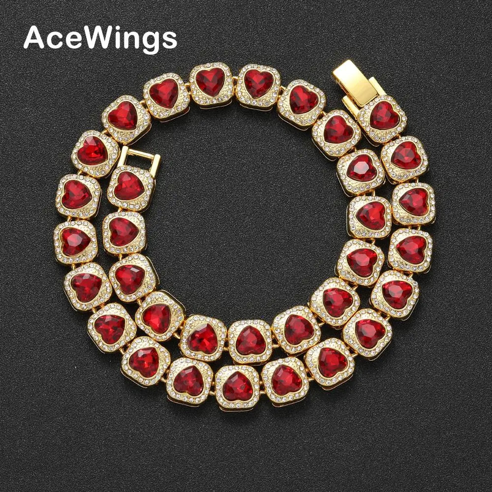 AC014  13mm  Heart Crystal Chain Hip Hop Iced Out  Chain Necklace Bling Bling Jewelry