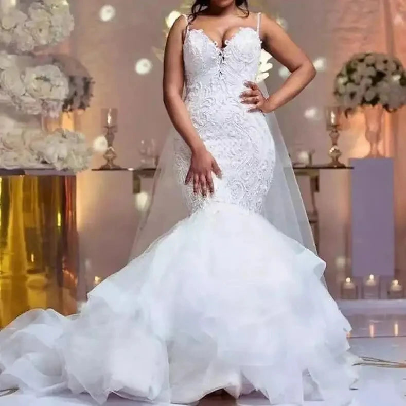 S8274F White Bohemian Wedding Dress New Mermaid Style with Sweetheart Spaghetti Strap Arabic Beads Appliques Long Chapel Train