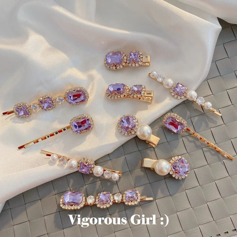 Elegant One Word Clip White Pearls Bangs Clip Colorful Rhinestone Hair Clip for Women
