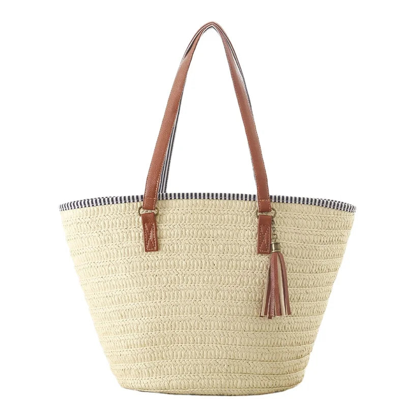 Wholesale Fashionable Portable Tote Bag Zip Lady's Beach Bag Summer Spring Autumn Featuring Tassels Polyester Lining Two Straps