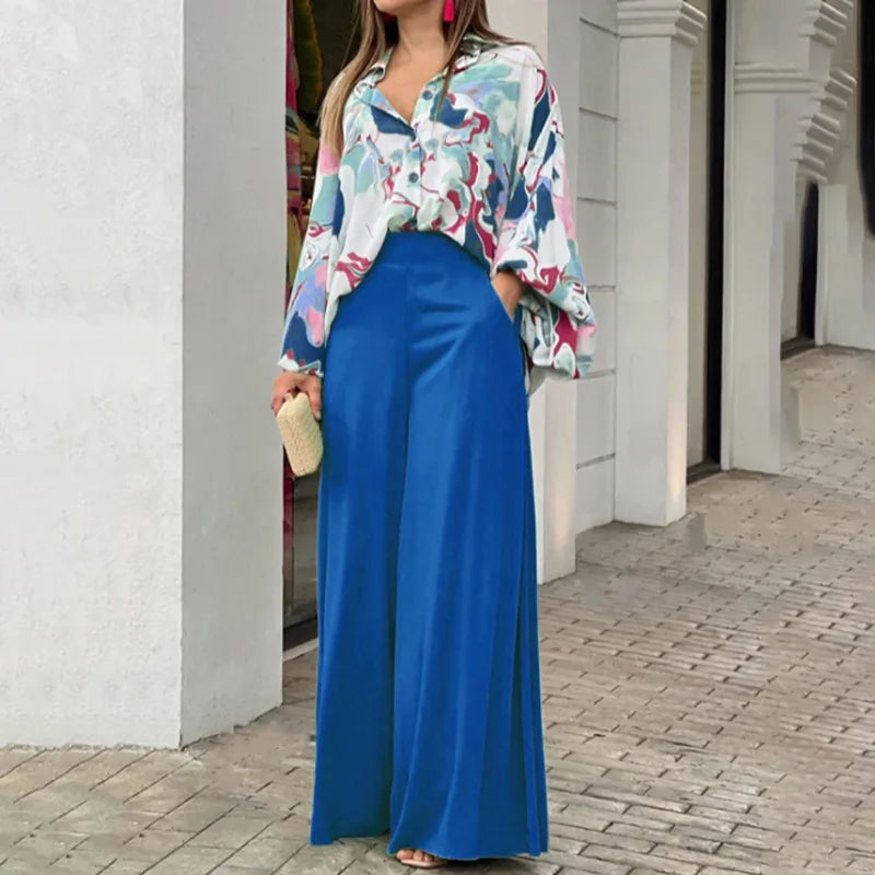 Two Piece Set Women Clothing Floral Print Shirt and Wide Leg Pants Outfits for Women Pants Set With Pocket