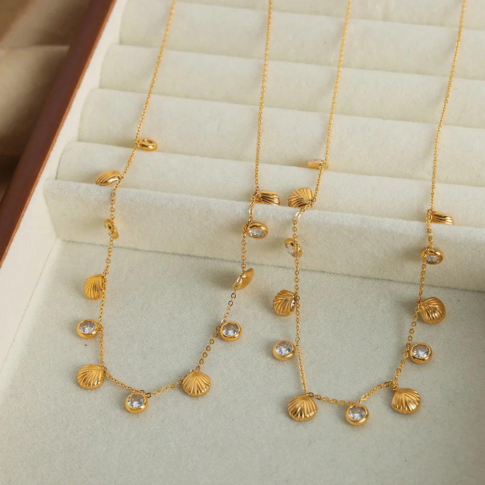 Fashion 18K Gold Plated Shell Zircon Pendants Necklace Summer Stainless Steel Necklaces Jewelry for Women