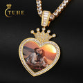 New Fashion 30mm Custom Photo Pendant 18K Gold Plated Baguette Zircon Heart Crown Picture Pendant Necklace