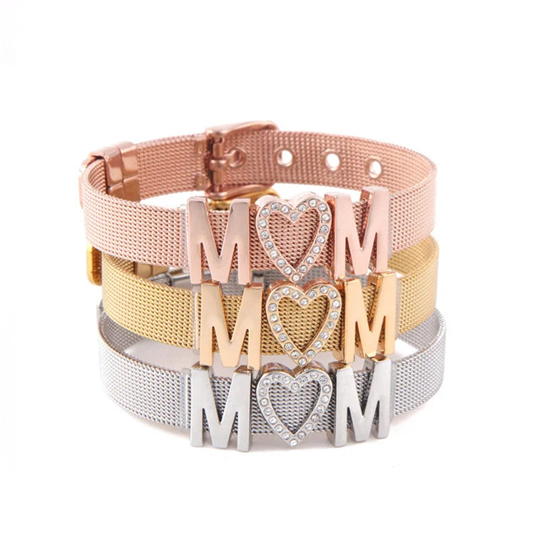 2023 New Design Stainless Steel I LOVE MOM Heart Slide Charms Bracelets for Mothers Day Gifts