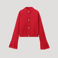 Custom Logo 2026 New Fashion Red Color Cardigan Sweater for Women Casual Knit Button Knit Top with Horn Sleeve on Front