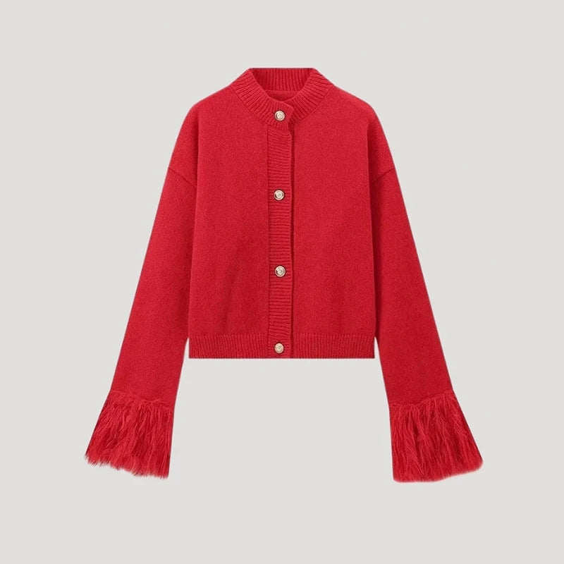 Custom Logo 2026 New Fashion Red Color Cardigan Sweater for Women Casual Knit Button Knit Top with Horn Sleeve on Front