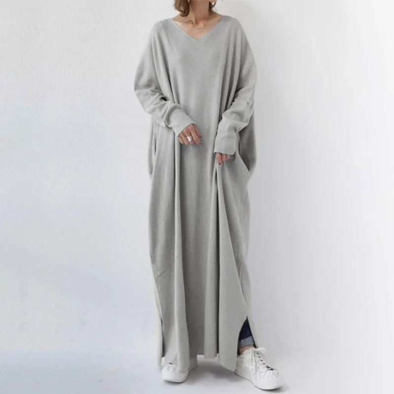 New Spring Simple Urban Casual Muslim Dress Women Knitted Long Sleeve V-Neck Large Swing Dress Origin Source Islamic Clothing