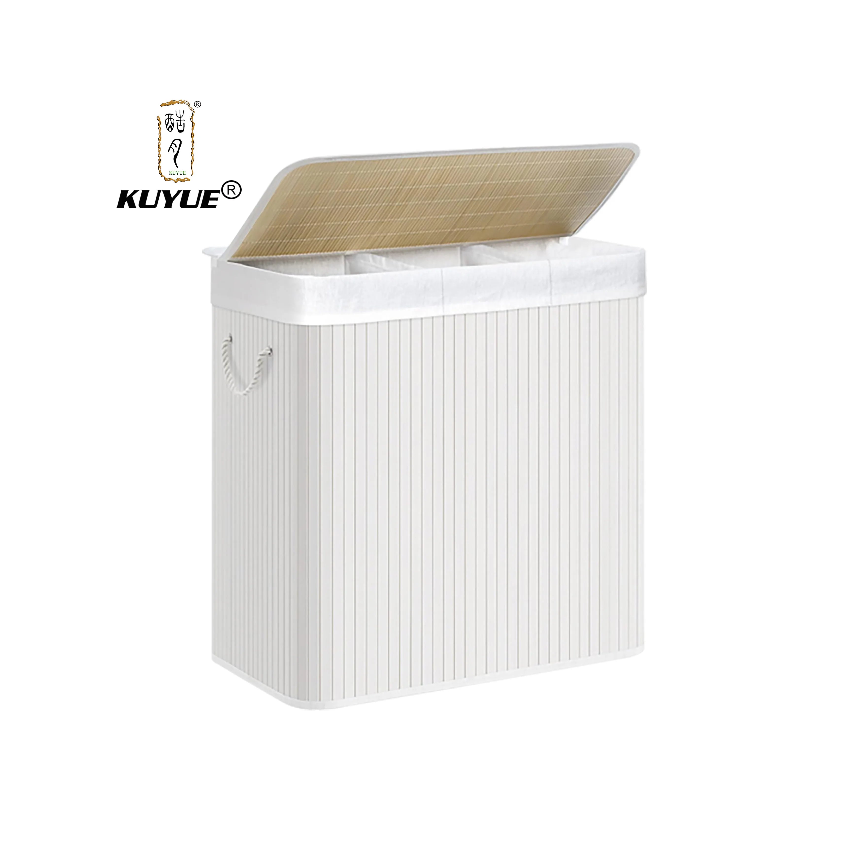 KUYUE Bamboo Rectangular Storage Hamper with Handles Foldable Laundry Basket with Lid Multi-Purpose Bag for Clothes Washing