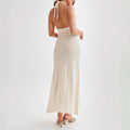 OEM Factory Glamorous Backless Knit Evening Dress Women's Halter Gown with Rosette Detail High Slit