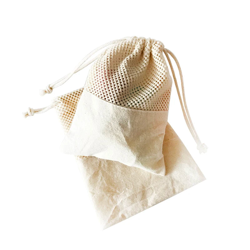 Reusable Recyclable Mesh Loofah Soap Bags with Drawstring Small Breathable Cotton Pouches for Bathing
